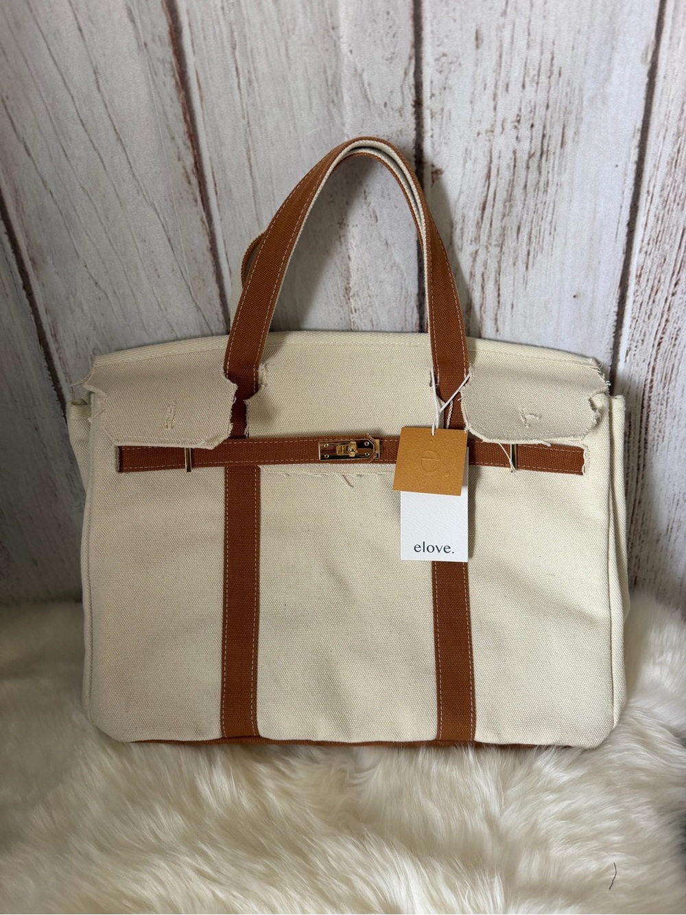 elove Large Canvas Tote Bag NWT Cream Brown Gold Turn Lock